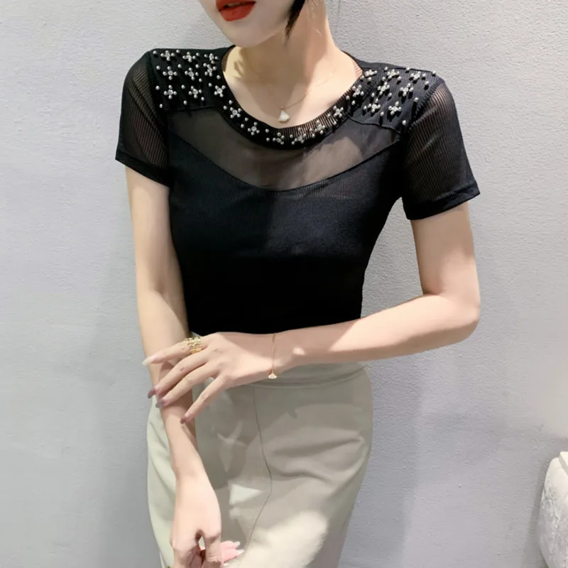 # 5355 Сексуальная сетчатая футболка с коротким рукавом Femme круглым вырезом в