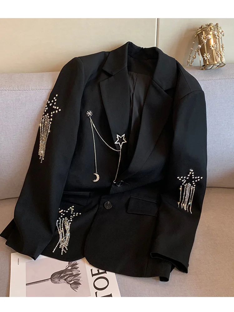 2022 Autumn Black Casual Fashion  Elegant Women's Blazer Double-breasted Chain Star Sequins Coat Gothic Jacket Streetwear Y2k