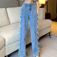 american style summer blue baggy jeans women high waist straight pants chic oversize denim korean fashion side ripped trousers