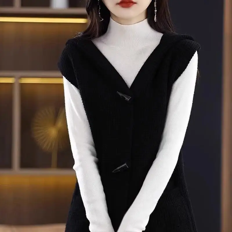 Осенне-зимняя женская одежда длинный свитер с капюшоном жилет однотонный Модный