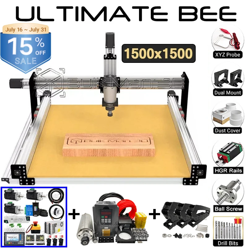 

15%OFF BulkMan 3D 1500x1500mm ULTIMATE Bee CNC Router Machine Full Kit DDCS4V3.1 Controller with IHSV57 180W 3000rpm Servo Motor