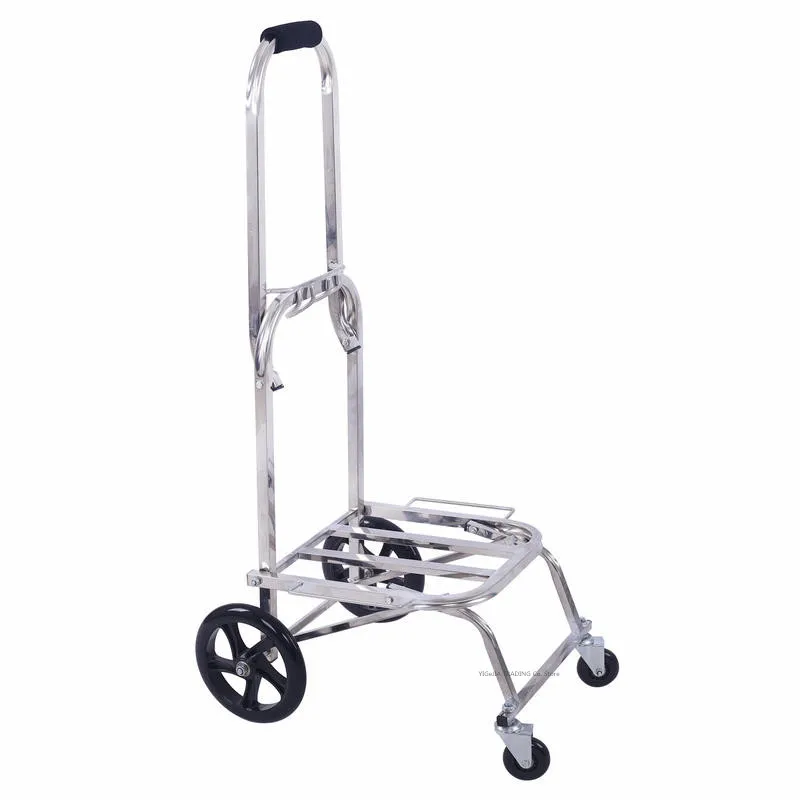 20CM Big Wheel Pull Truck Trolley, Folding Shopping Trailer, Portable Stainless Steel Luggage Cart