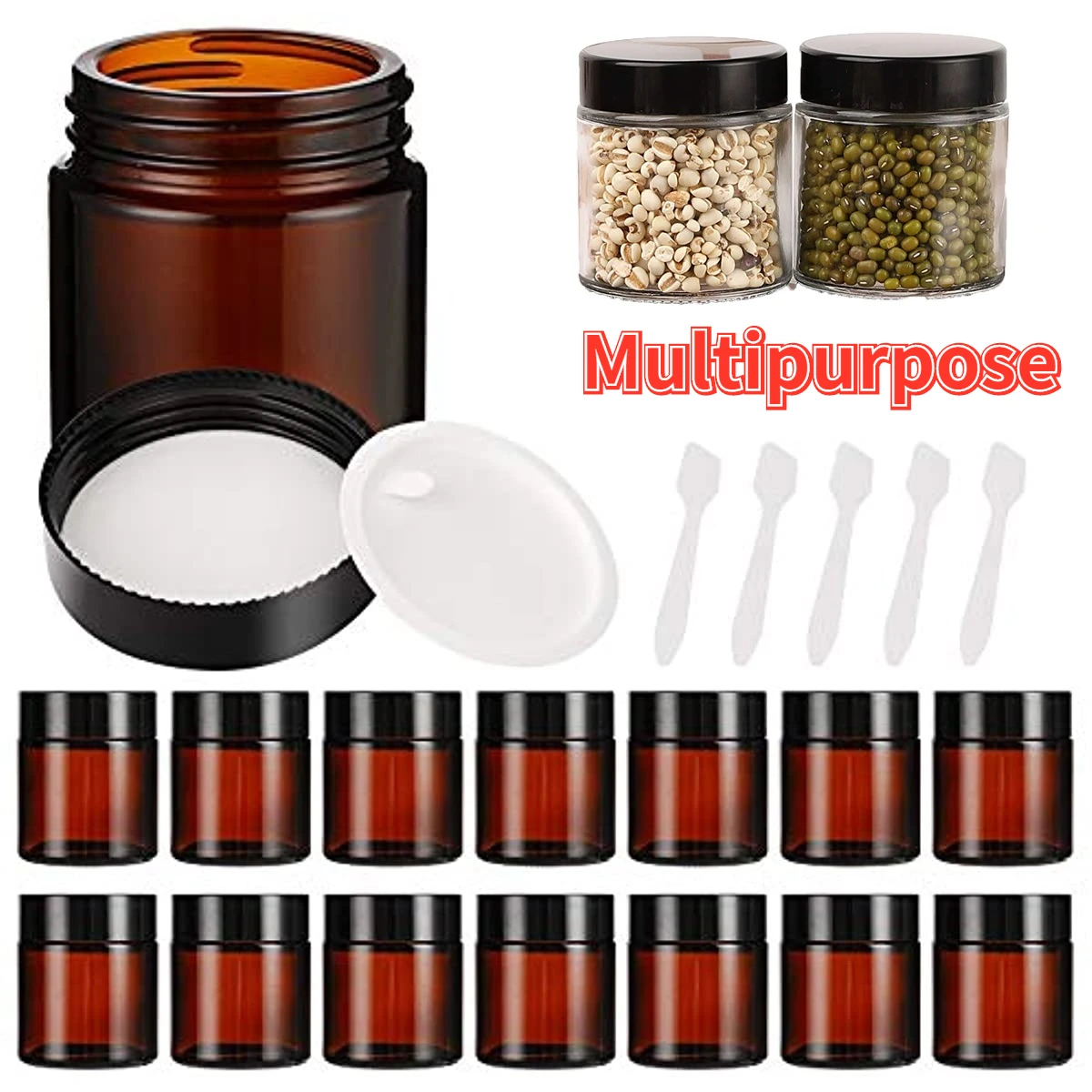 

15pcs 5ml 10ml 15ml 20ml 25ml 30ml 50ml 60ml Amber Glass Bottle Face Cream Container Lip Balm Jar Pots Makeup Vials Free Spatula