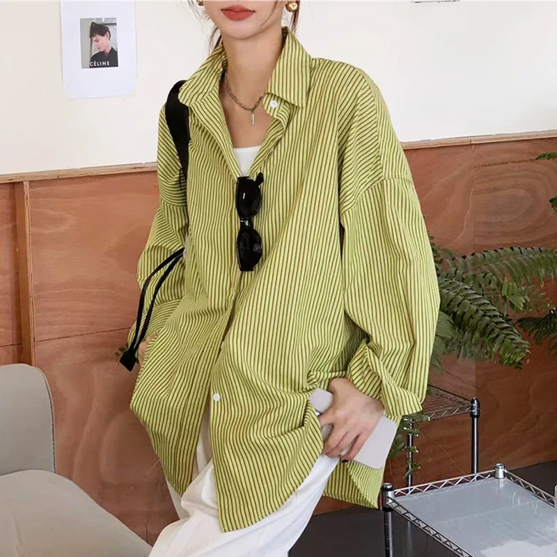 2023 Fashion Green Striped Women's Loose Thin Section Foreign Style Long-sleeved Blouse Women Tops  рубашка женская