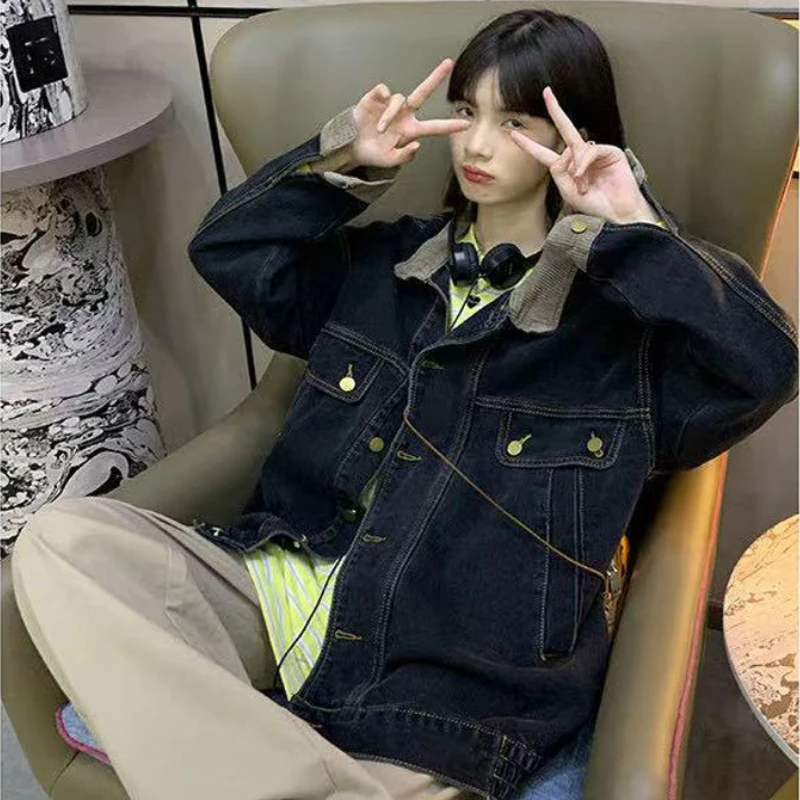 

Jackets Women Loose Baggy Retro Fashion Simple All-match Casual Denim Coat Student High Street Patchwork Streetwear Harajuku
