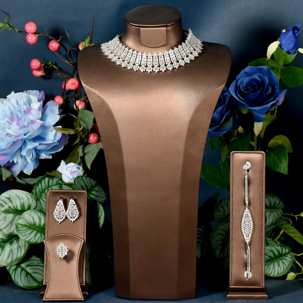 

HIBRIDE White CZ Bridal Choker Necklace For Women Jewelry Sets 4PCS Wedding Party Dress Accessories Bijoux Femme N-1579