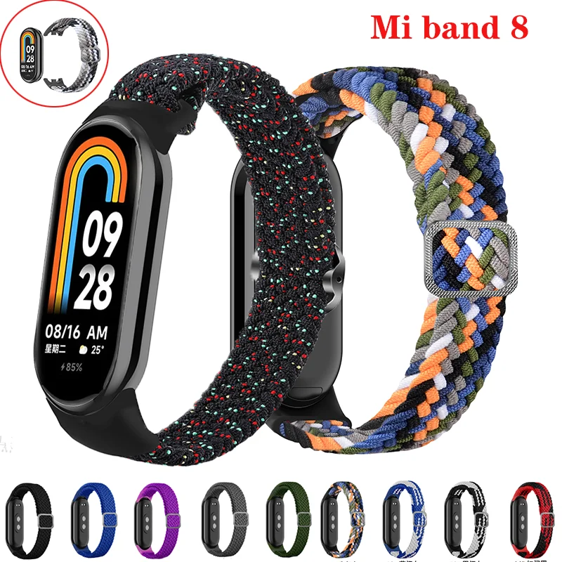 

Braided solo loop Strap for Mi band 8 NFC bracelet Elastic adjustable Nylon smartwatch correa Wristband for xiaomi Mi band 8