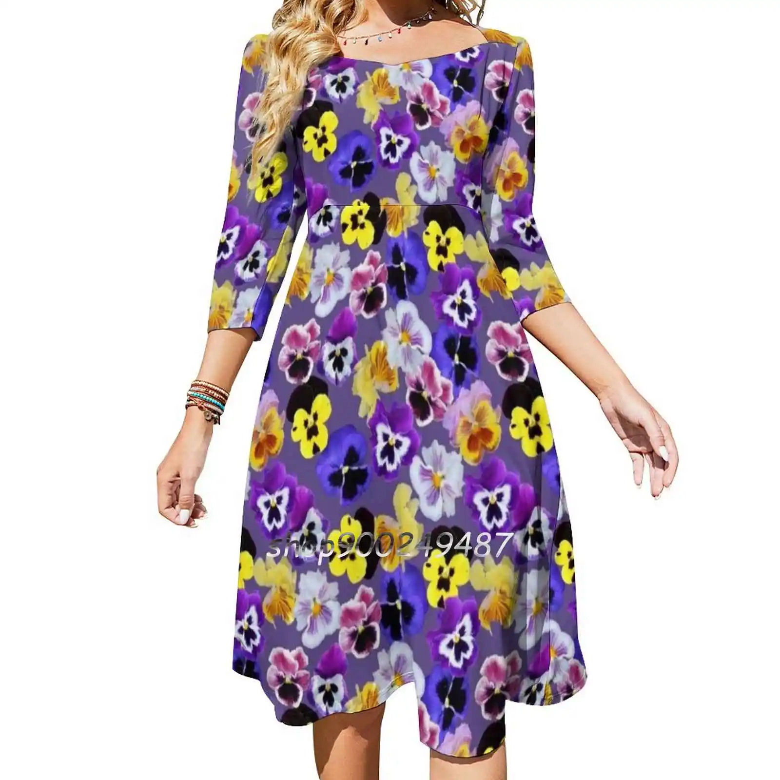 Pansy Mixture On Violet Sweetheart Knot Flared Dress Fashion Design Large Size Loose Dress Pansy Pansies Flowers Flora Floral