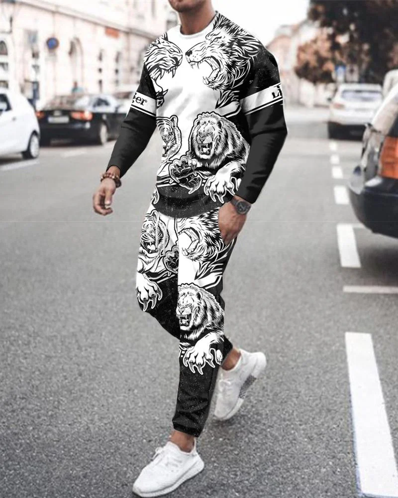 Men's Tiger Pattern Sportswear Fashion Long Sleeve Pants Male Suit Round Neck Loose Breathable Running Clothing Man Streetwear