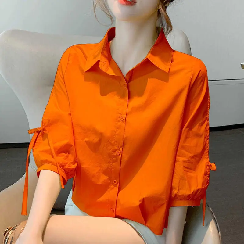 

Summer White Loose Blouse Women Korean Fashion Hollow Out Lantern Sleeve Button Up Shirt Office Lady Elegant Business Shirt Top