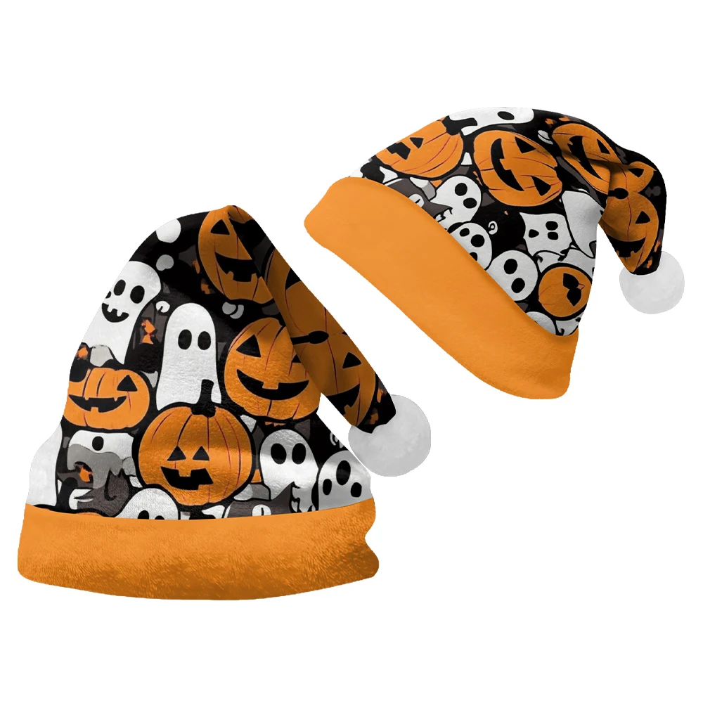 Оранжевая рождественская шапка с белой каймой и принтом призрака зимняя модная