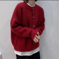 lazy wind thick sweater womens autumn and winter 2022 new round neck loose knitted sweater cardigan solid color coat