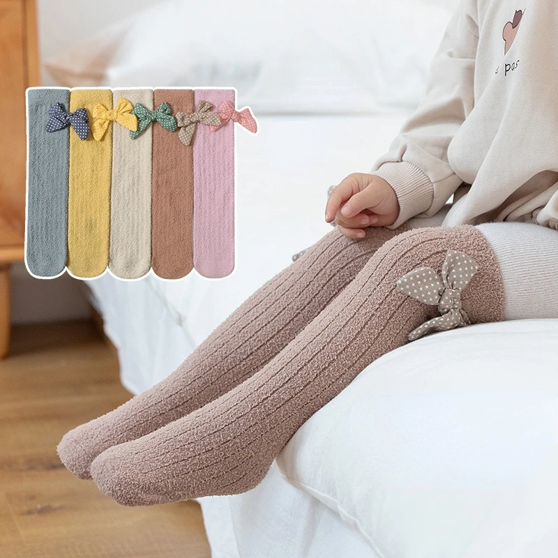 

3 пары/партия, детские гольфы для детей от 0 до 8 лет, зимние утолщенные теплые гольфы из кораллового флиса с бантом, гольфы для маленьких дево...