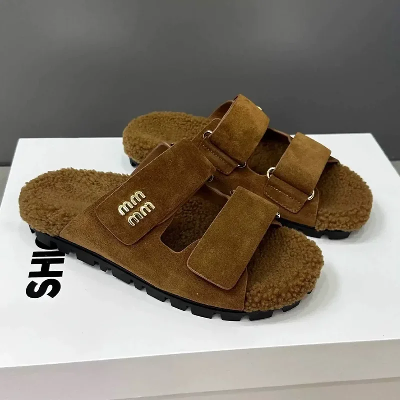 Женские замшевые меховые тапочки на плоской подошве повседневные туфли-лодочки