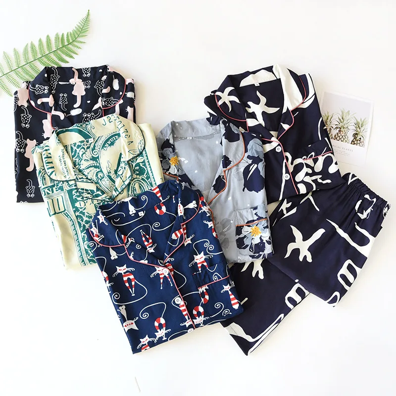 Sleep Wear Ladies Pajamas Long Sleeve Sleepwear Thin Print Loungewear Loose Plus Size Suit Spring Autumn Clothes Woman Pjs Set