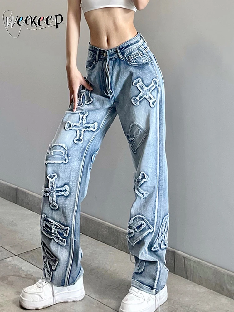 

Weekeep Letter Print Patchwork y2k Jeans Streetwear Low Rise Baggy Denim Cargo Pants Fashion Grunge 90s Casual Pants Girl Capris