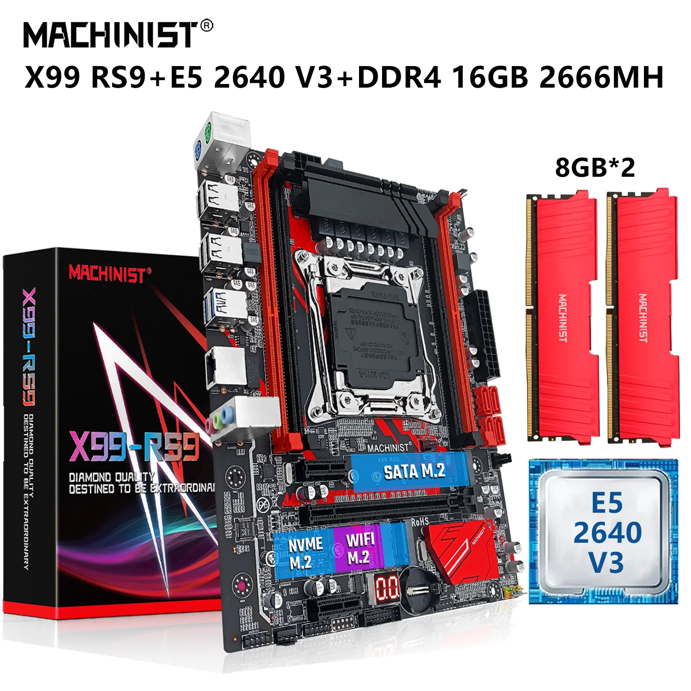 

MACHINIST X99 Motherboard LGA 2011-3 Set Kit With Intel Xeon E5 2640 V3 CPU Processor 16GB(2*8G) DDR4 RAM M-ATX NVME M.2 X99-RS9