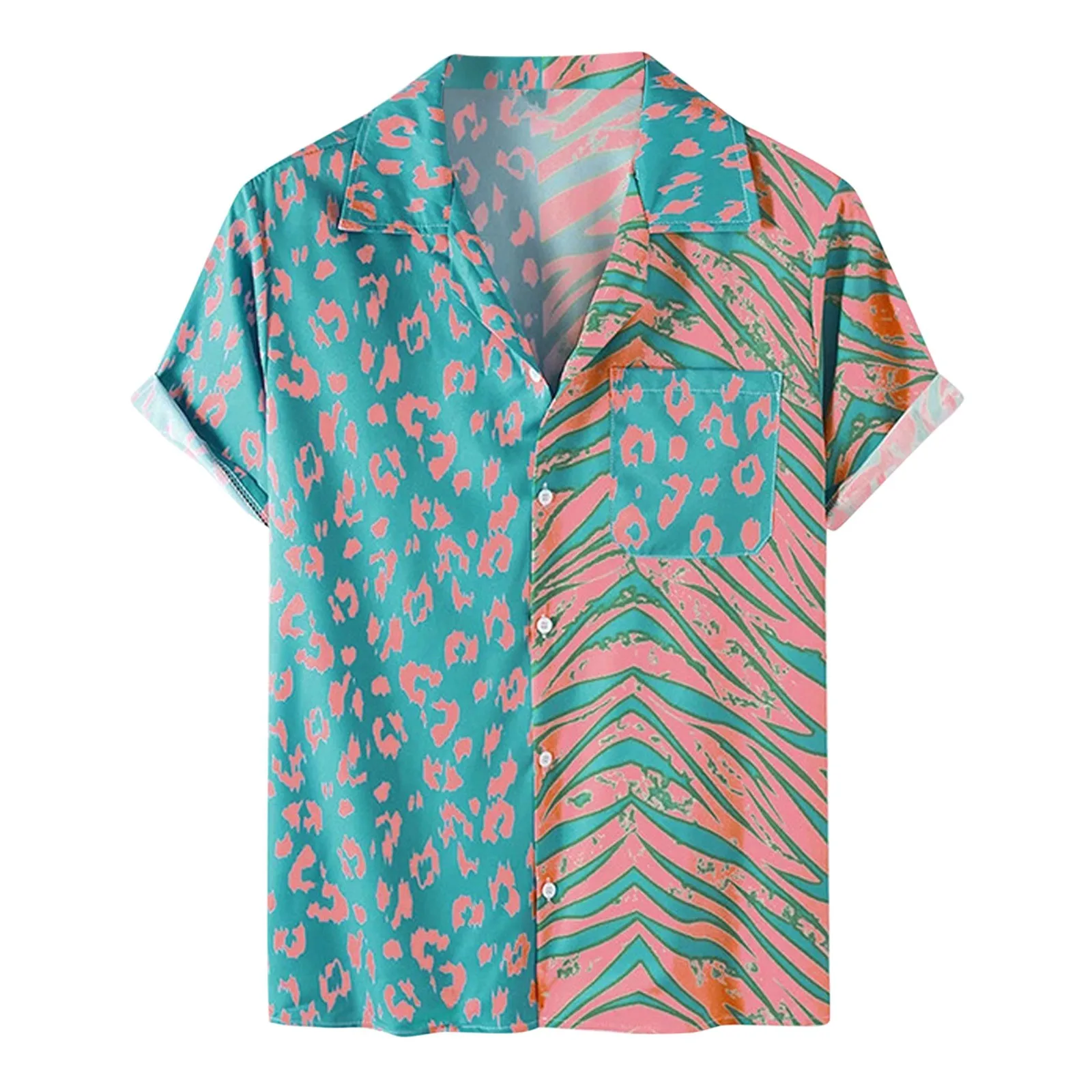 

Summer Men Beach Shirt Splicing Print Short Sleeve Lapel Neck Button Leisure Hawaiian Shirts Men 2022 Streetwear #T2G