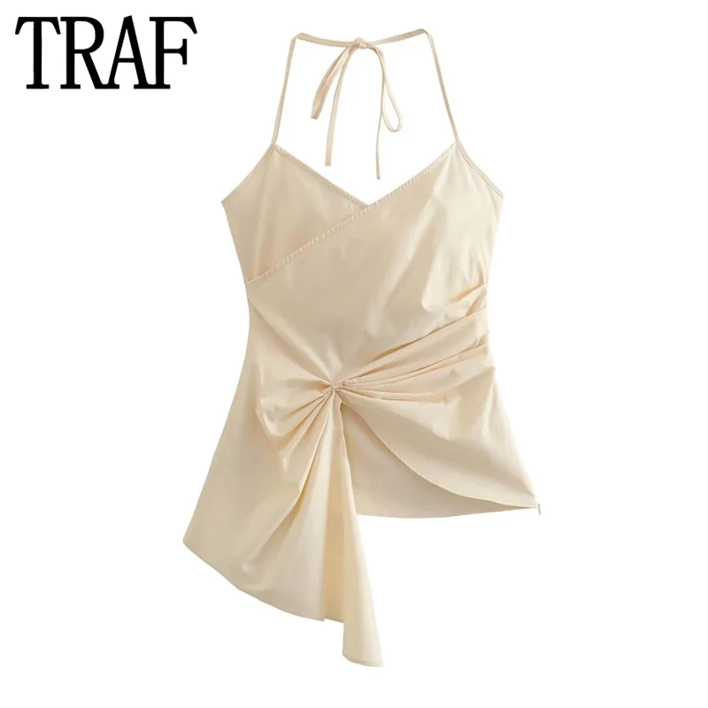 

TRAF Asymmetric Halter Top Female Tied Ruched Top Women Sexy Backless Party Tops for Women 2023 Strap Beach Summer Tops Woman