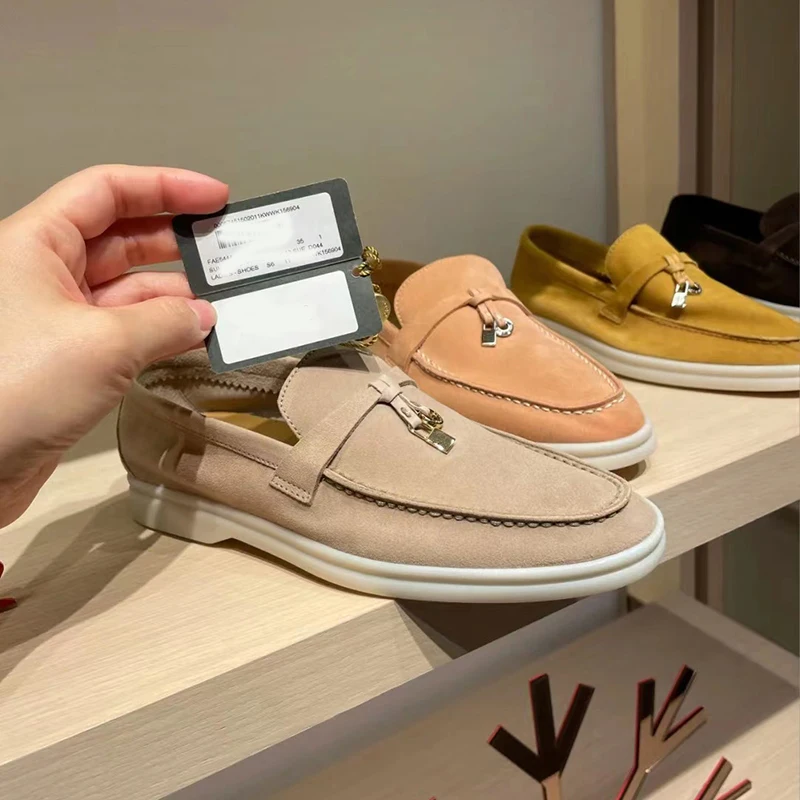 Luxury Women Moccasin Flat Shoes Summer Walk Shoes Cow Suede Metal Lock Slip-on Lazy Loafers Casual Popular Mules Driving Shoes