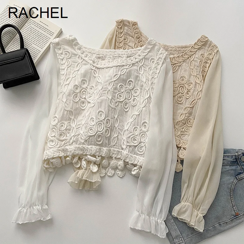 Рубашка женская шифоновая вязаная крючком с длинным рукавом | Женская одежда