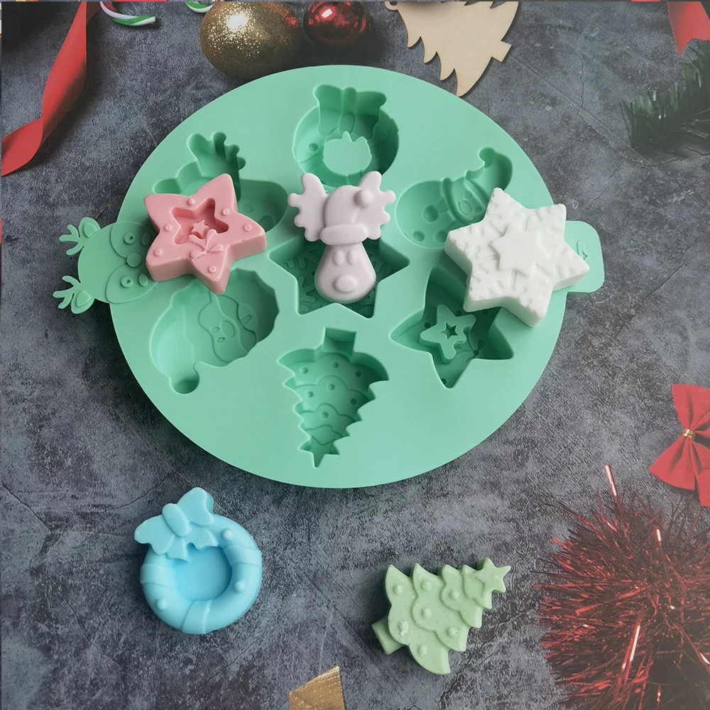 Molde de silicona para pastel, molde de cera con forma de muñeco de nieve y Papá Noel, hecho a mano, para jabón, Elk, muñeco de nieve, campanas de Papá Noel, agujero para Navidad