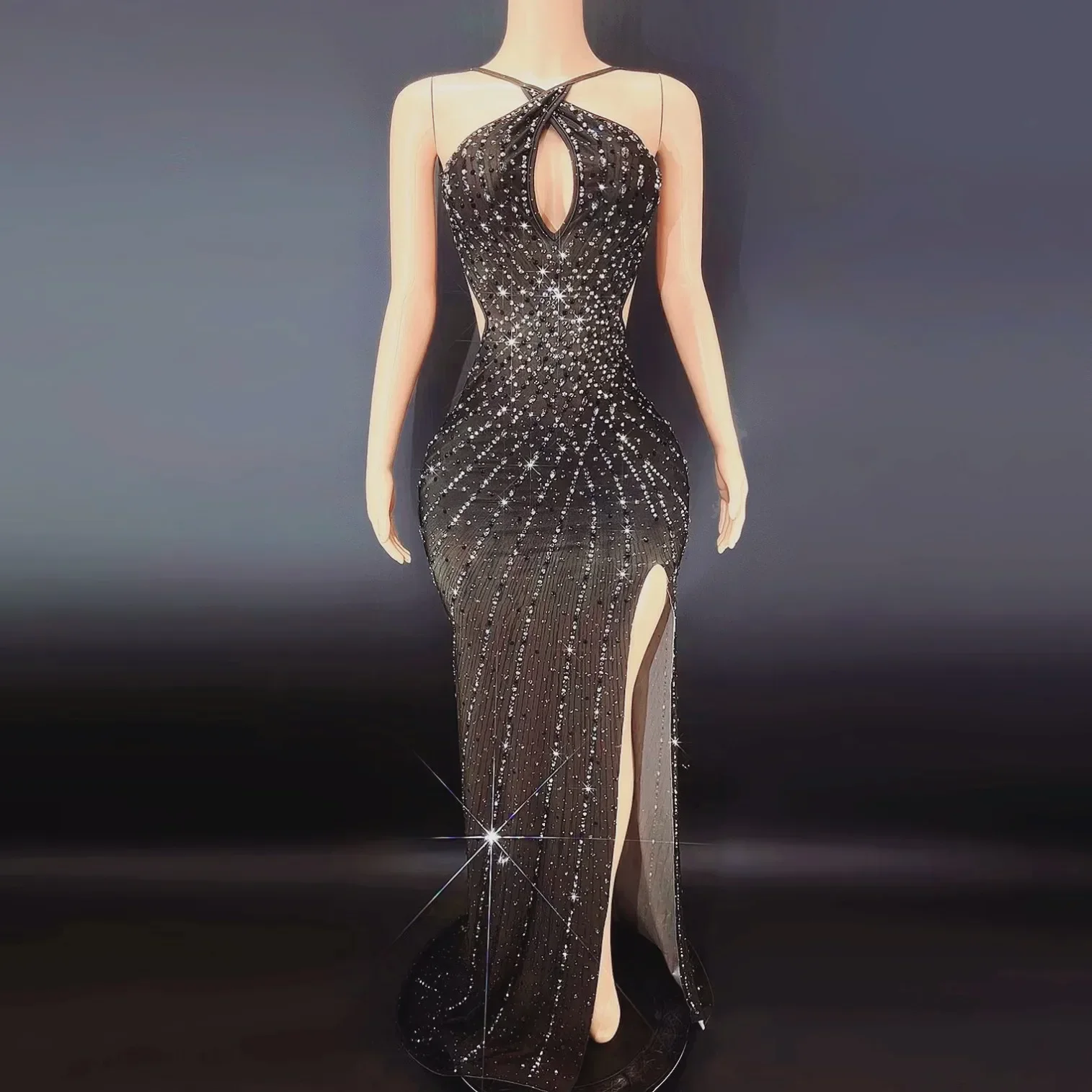 Черный цвет с блестящими бриллиантами женское вечернее платье перекрестными