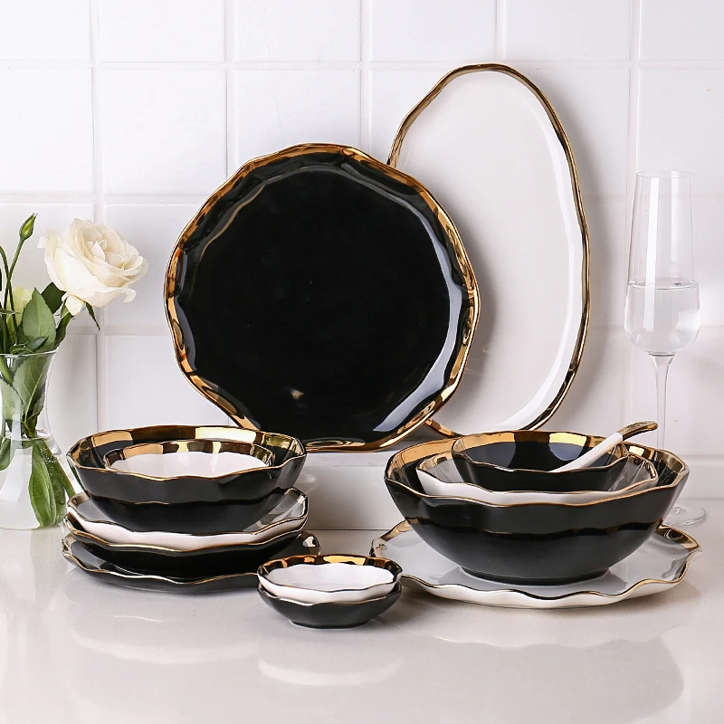 

Luxury Gold Bowl Plate Set Party Birthday Aesthetic Wedding Ceramic Nordic Sushi Plate Dessert Pratos De Jantar Serving Tray