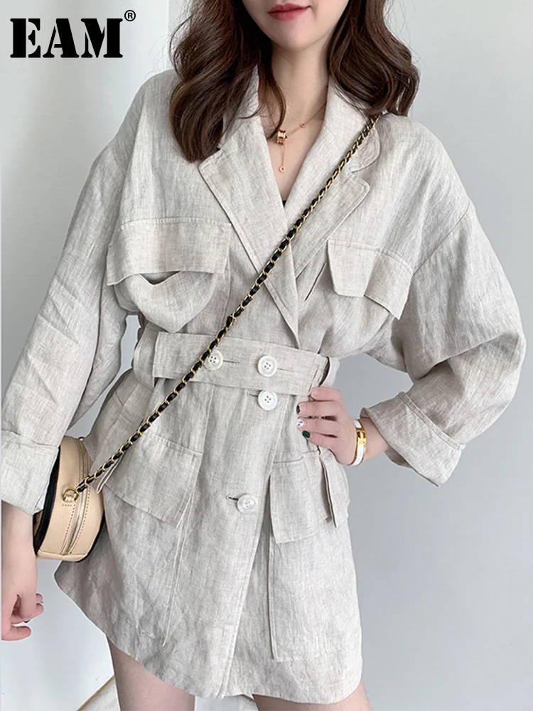 

[EAM] Loose Fit Linen Button Split Joint Big Size Jacket New Lapel Long Sleeve Women Coat Fashion Tide Spring 2022 1X5010