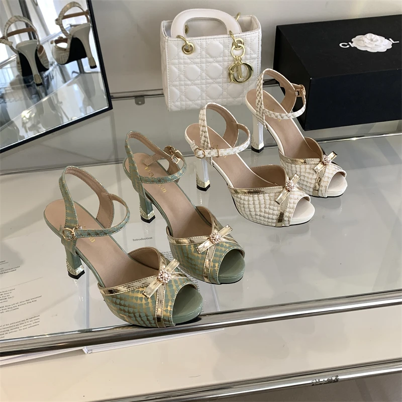 Women Green Sandals Classic Pearl Bow New In Dresses Shoes Designer Party Platform Sandals Summer 2023 Ladies High Heels