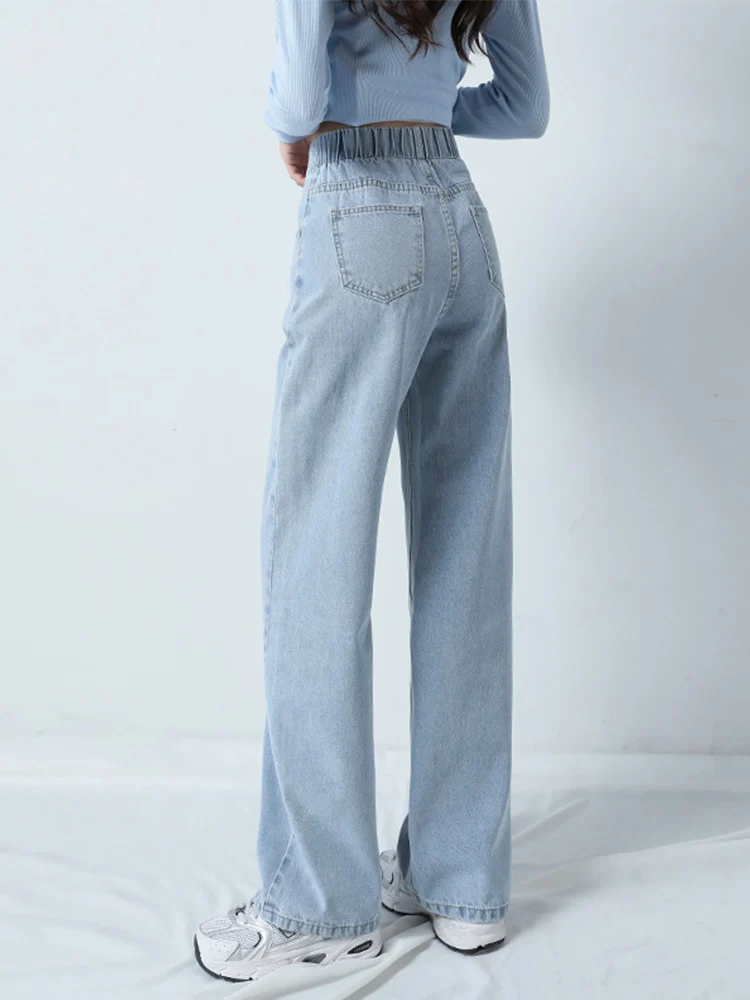 Jeans Hight Waist Women Mom Fashion Elastic Waist Denim Pants Straight Leg Loose Fit Streetwear Summer Style Baggy Trousers
