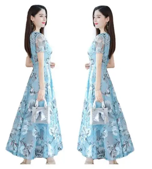 

Summer long women's fashion slim V-neck chiffon Vestidos short-sleeved beach dress Bohemian Dresses