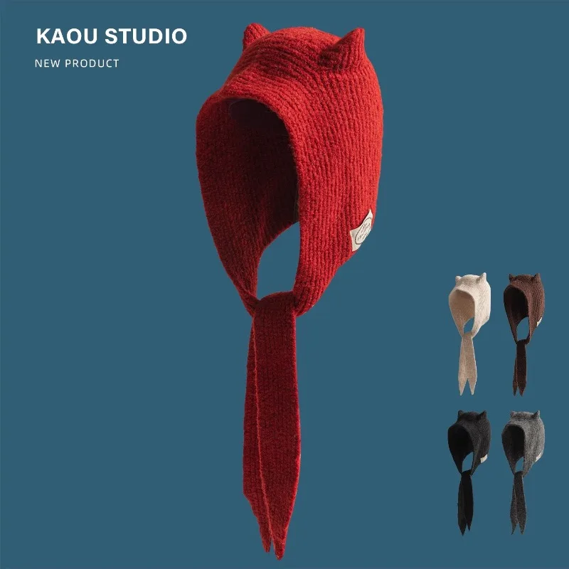 Korean Niche Scarf Integrated Knitted Balaclava Hats for Women Autumn and Winter Warm Versatile Retro Christmas Red Bomber Hat