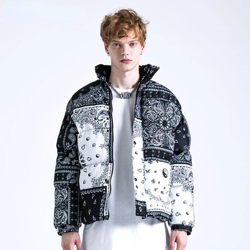 Fashion Men Parkas Autumn Winter New High Street Retro Cashew Flower Thickening Cotton-padded Jacket Oversize Loose Bread Coats