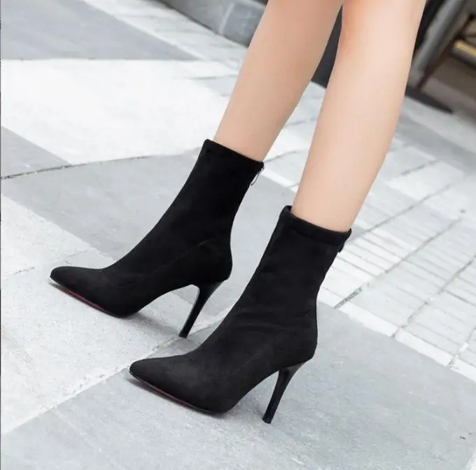 

New Women Sock Boots Pointed Toe Elastic High Heel Ankle Pumps Stiletto autumn winter women's fashion suede stiletto bootsr High