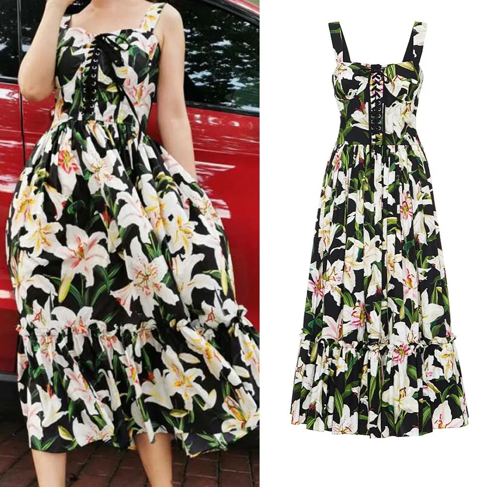 

2022 модный показ, знаменитости темперамент, стиль отдыха для отдыха, принт лилии подтяжки, большое свободное женское платье