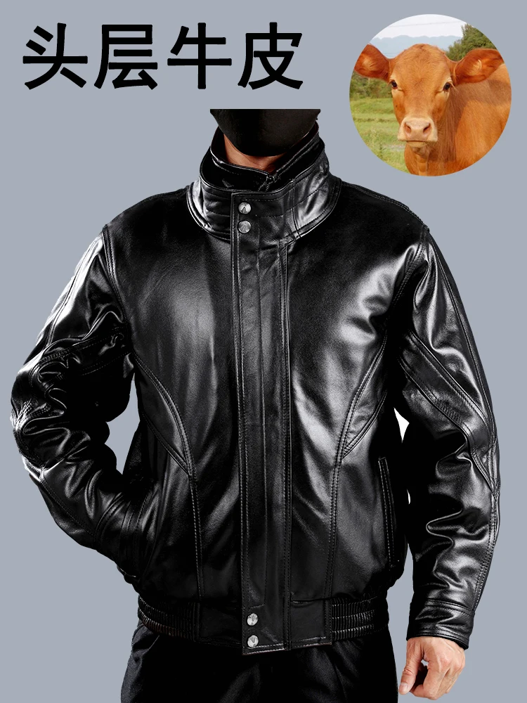 Genuine Leather Coat Men's First Layer Calfskin Stand Collar Motorcycle Leather jacket Middle-Aged and Elderly Cotton Added O...