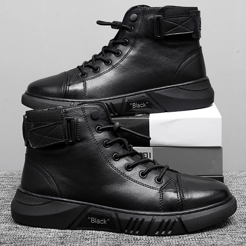 Brand Ankle Boots Black PU Leather Men Shoes Autumn Winter Outdoor High-top Desert Hiking Shoes Tactical Side Zip Platform Boots