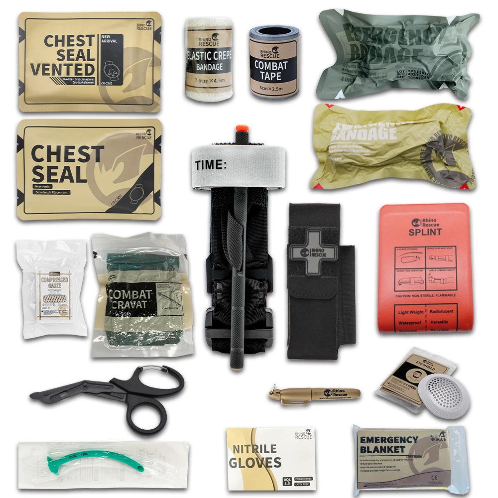 Kit de Trauma táctico RHINO 17 piezas, primeros auxilios de emergencia para detener la sangrado, suministros de recarga IFAK, equipo de supervivencia de combate, Kit médico