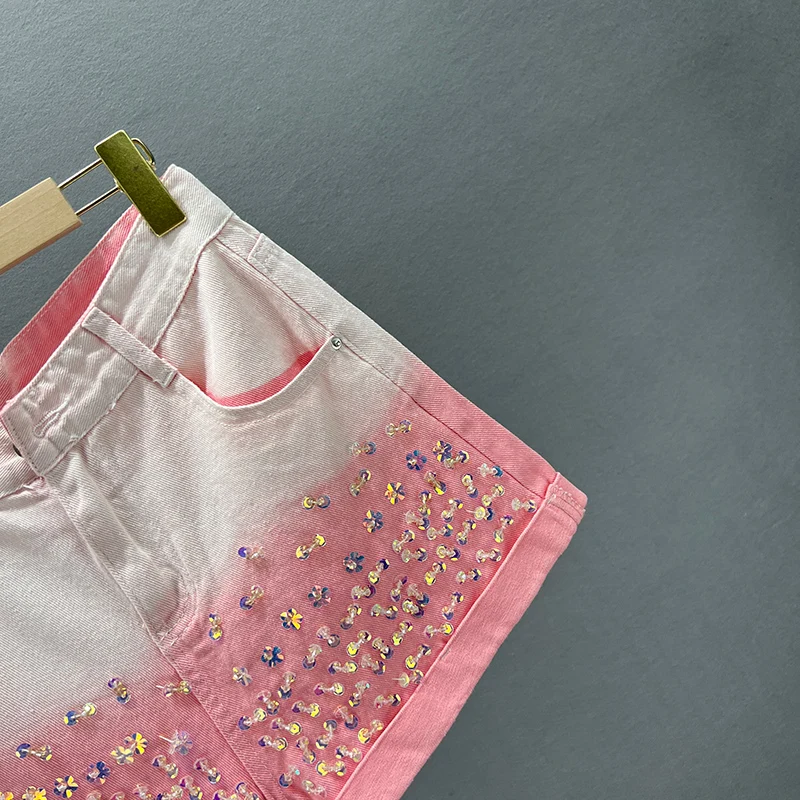 Sequined Denim Shorts Women's Fashion 2023 New Summer High Waist Loose Slim European Station Flanging Wide-Leg Hot Short Pants