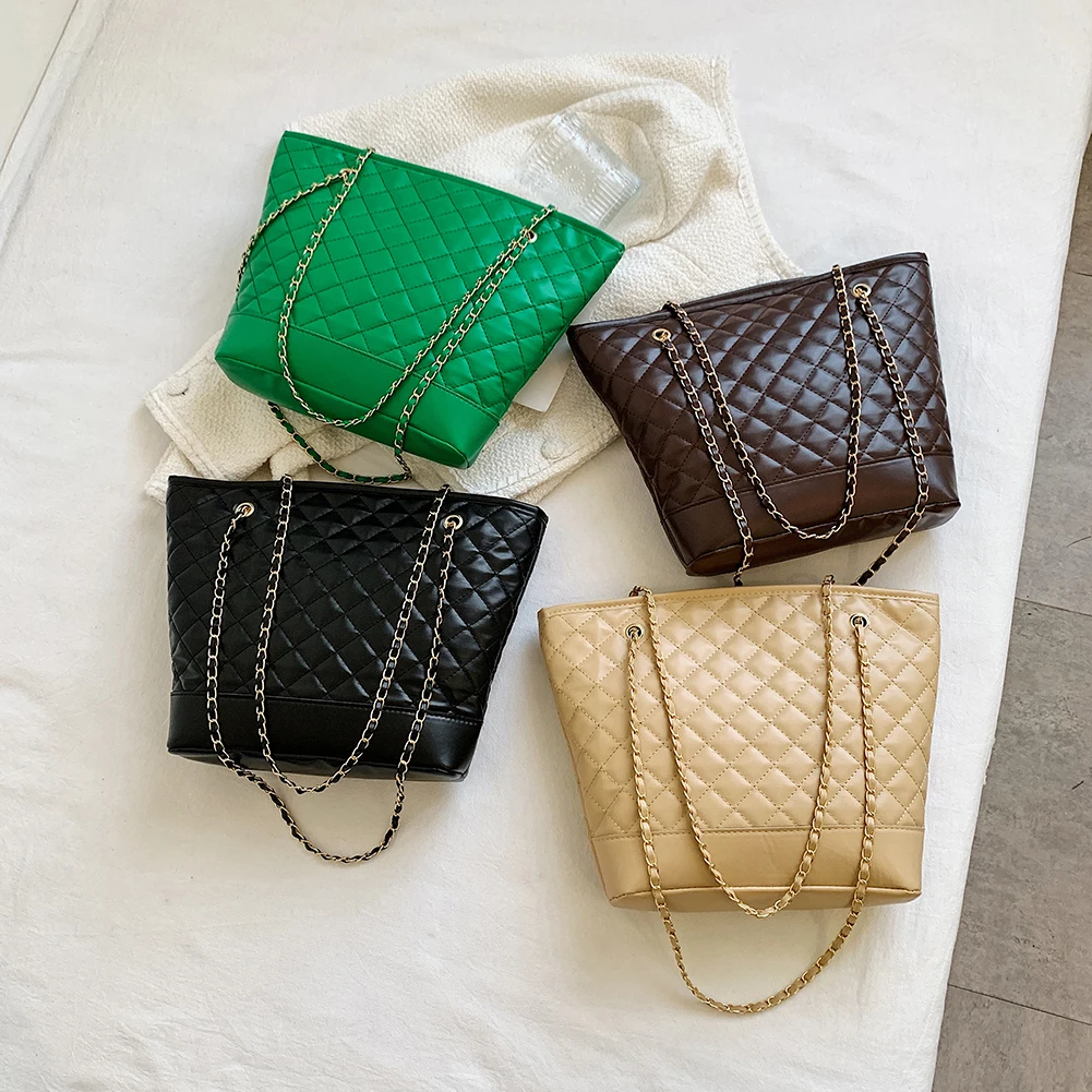 

Women Embroider Lattice Pattern Tote PU Leather Solid Color Handbag Ladies Casual Chain Large-Capacity Top-handle Bags