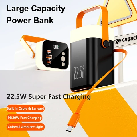 Power Bank 50000 мАч с кабелем USB C Портативное быстрое зарядное устройство PD 22,5 Вт Powerbank для iPhone Samsung Huawei Xiaomi Внешняя батарея