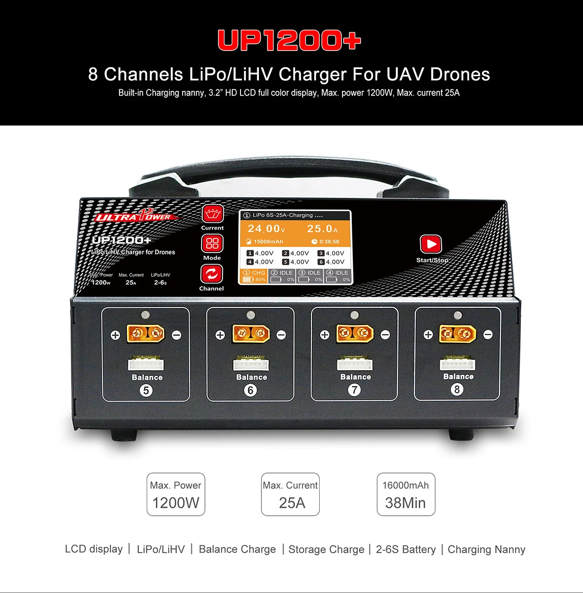 Фото Ultra Power UP1200 + 25A БПЛА/зарядное устройство для сельскохозяйственного дрона с экраном дисплея для 8-канальной 2-6S LiPo LiHV батареи №3