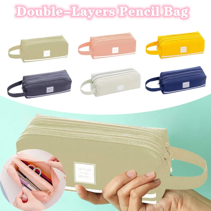 

1pc Double-Layers Students Boys Girls Pen Oxford Cloth Solid Color Colorful Large Capacity Pencil Bag Pencil Case Cosmetic Pouch