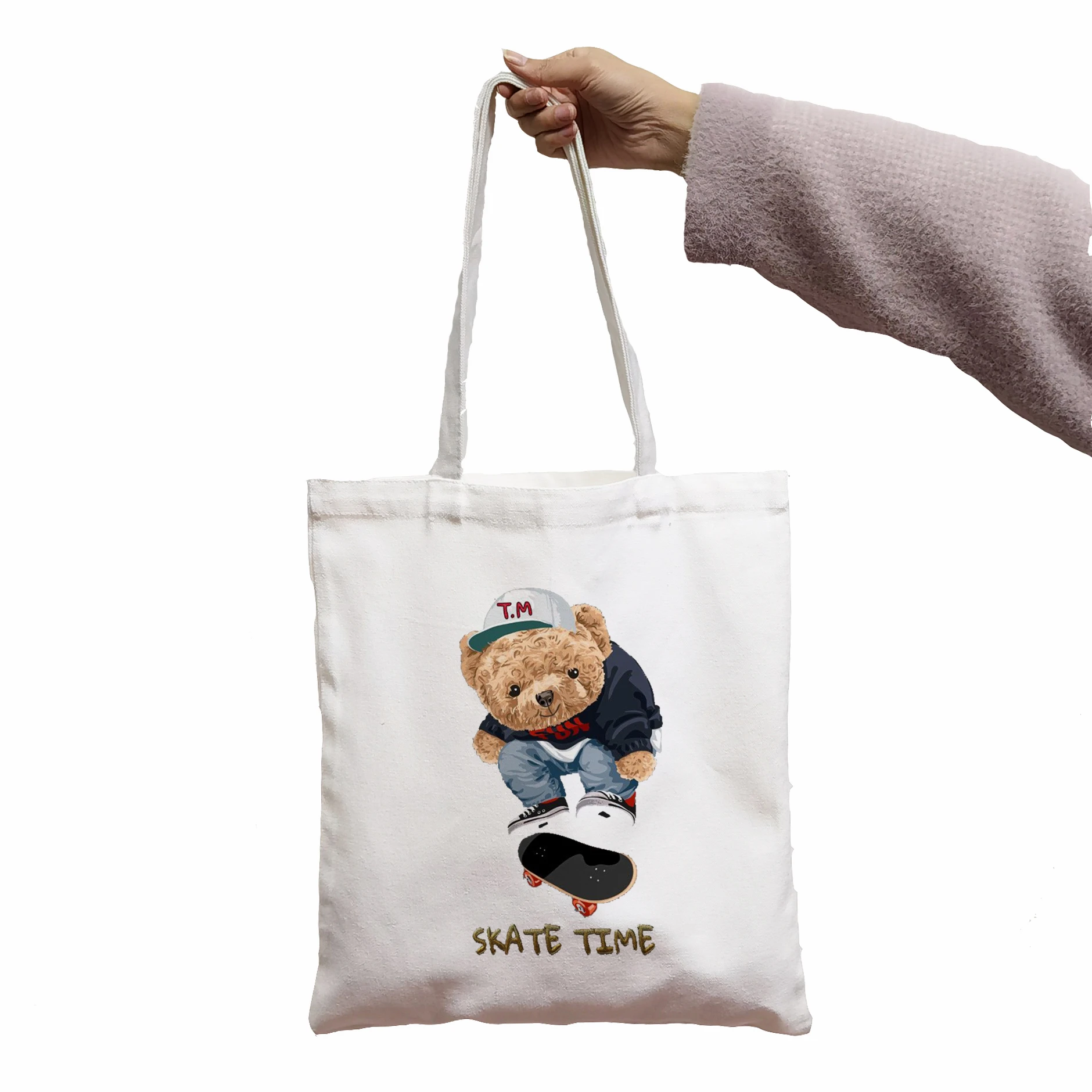 

Women shopping bag Skate Time Bear Explore The World Print Cool Shopper Bag Shopper White Women shopper shoulder bags Tote bag