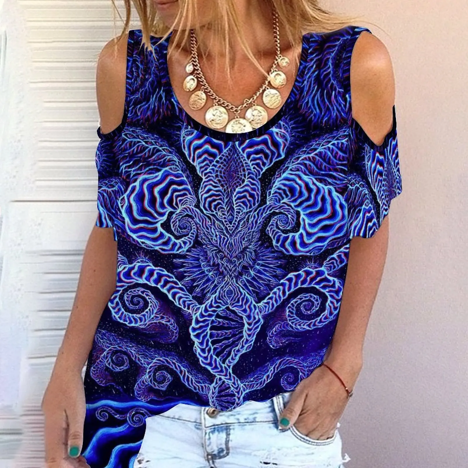 

Summer New T-shirt women's off shoulder printed hand-painted colorful off shoulder round neck short sleeve T-shirt