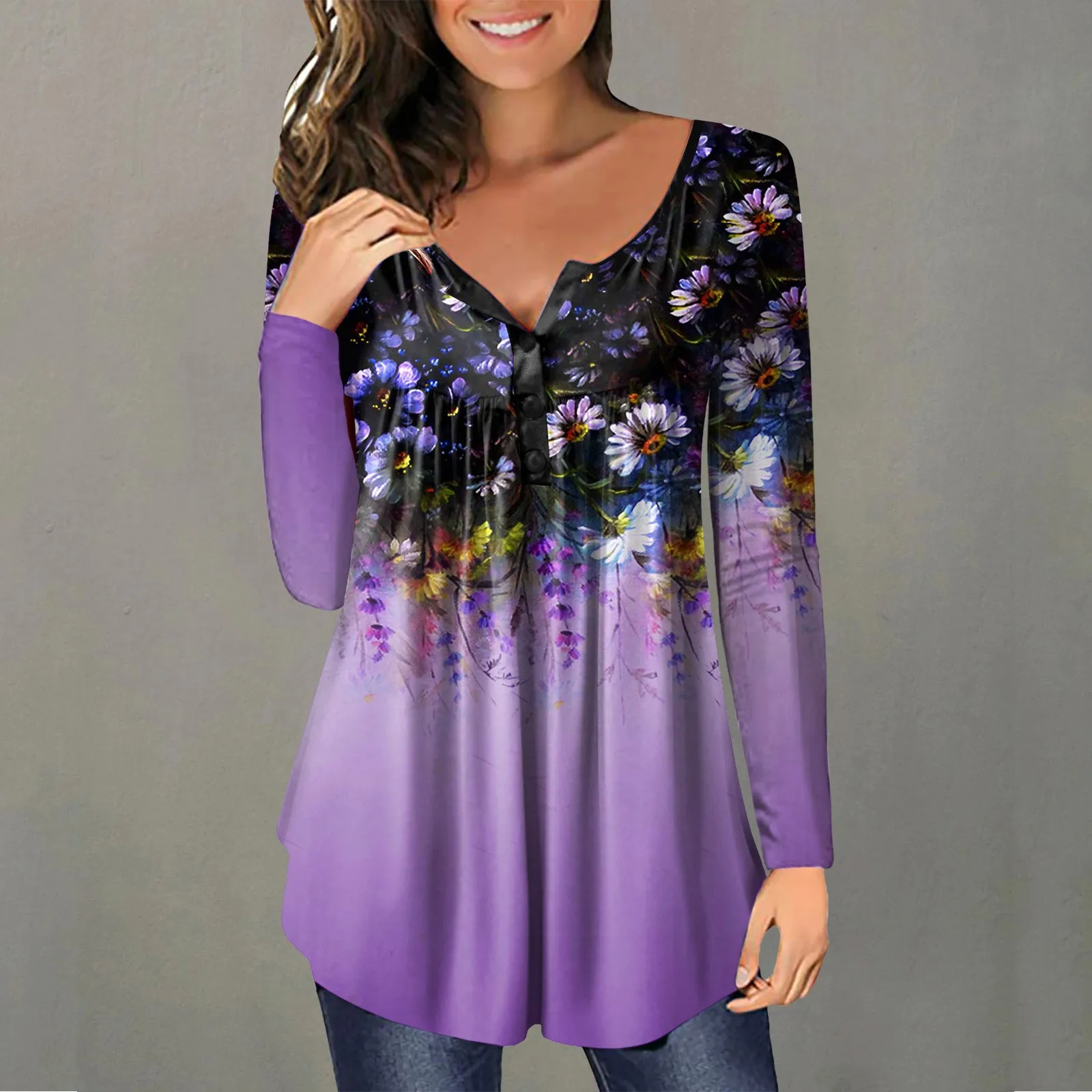 

Модный женский топ с V-образным вырезом и принтом, на пуговицах, с длинным рукавом и асимметричным подолом, женская рубашка для активного отд...