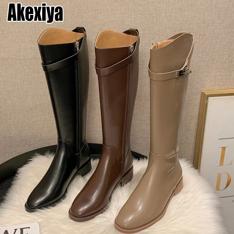 

Women Knee High Boots Riding Warm Female Thick High Heels Motorcycle Boots Shoes Woman Brown Classic metal buckle BC4951