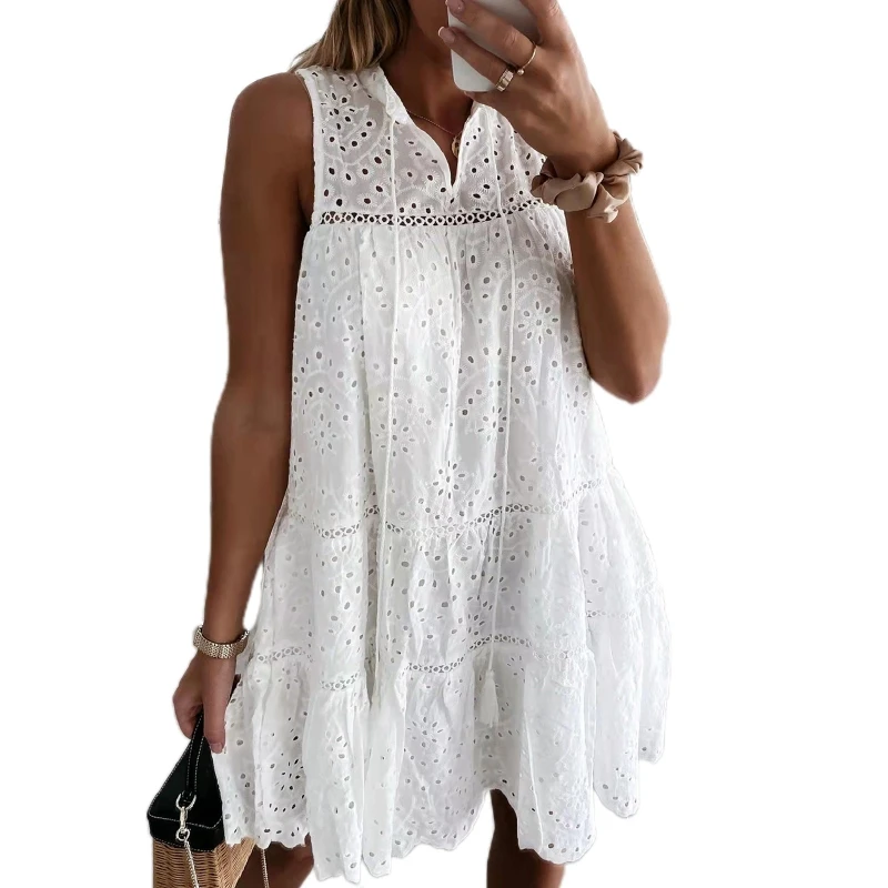 

J78E Women Sleeveless Drawstring V-Neck Mini Swing Dress Hollow Floral Lace Pleated Ruffle Hem Casual Loose Flowy Sundress