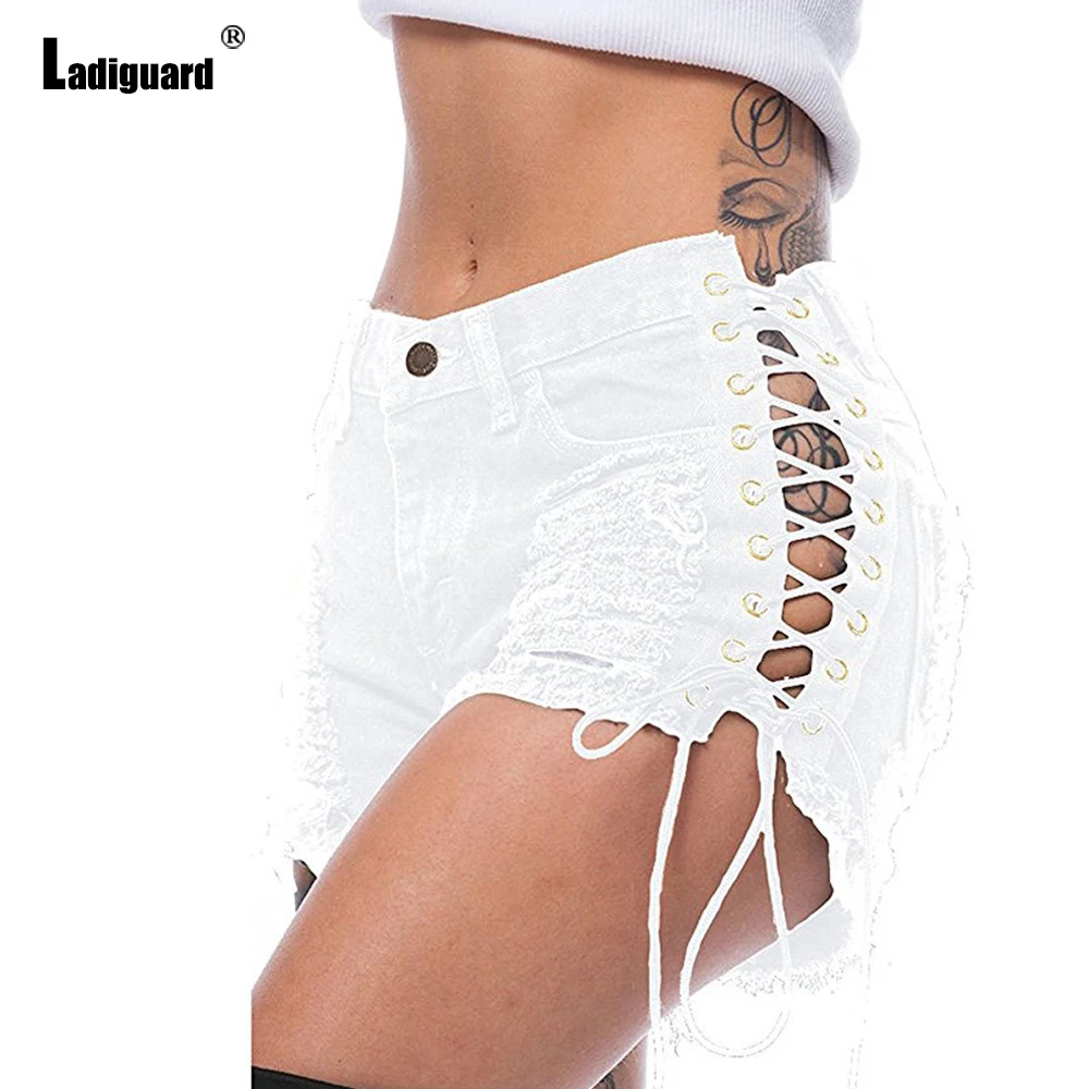 Ladiguard 2022 Fashion Zipper Pockets Denim Shorts Women Sexy Ripped Short Jeans Summer Panties Ladies Vintage Lace-up Hotpants